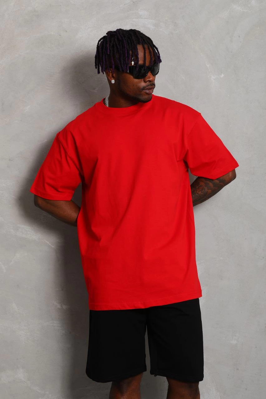 Oversize Düz Bisiklet Yaka T-Shirt - Kırmızı -