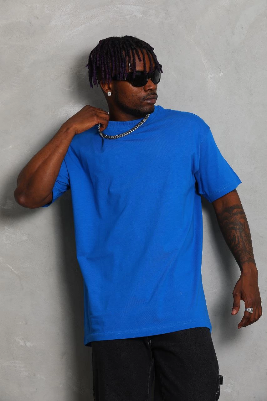 Oversize Düz Bisiklet Yaka T-Shirt - Mavi -