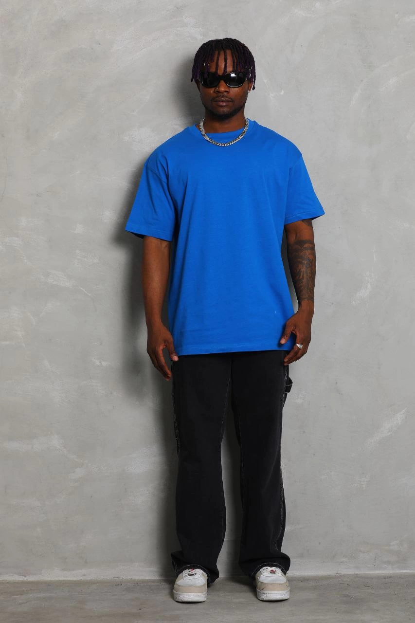 Oversize Düz Bisiklet Yaka T-Shirt - Mavi -