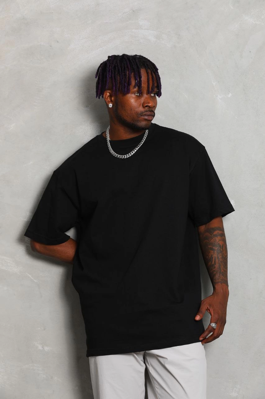Oversize Düz Bisiklet Yaka T-Shirt - Siyah -