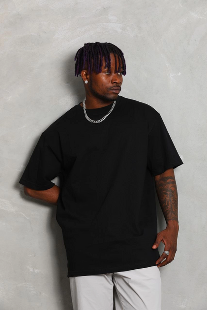 Oversize Düz Bisiklet Yaka T-Shirt - Siyah -