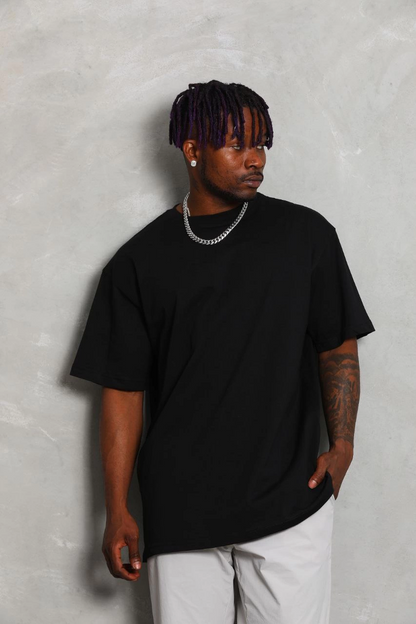 Oversize Düz Bisiklet Yaka T-Shirt - Siyah -