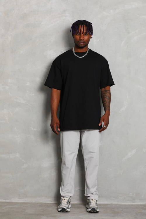 Oversize Düz Bisiklet Yaka T-Shirt - Siyah -