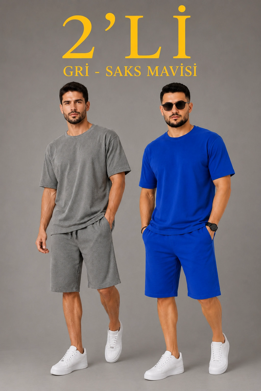 Erkek 2 li Oversize Tişört Şort Takım Seti Yazlık İki İplik Kumaş - Gri, Saks Mavisi