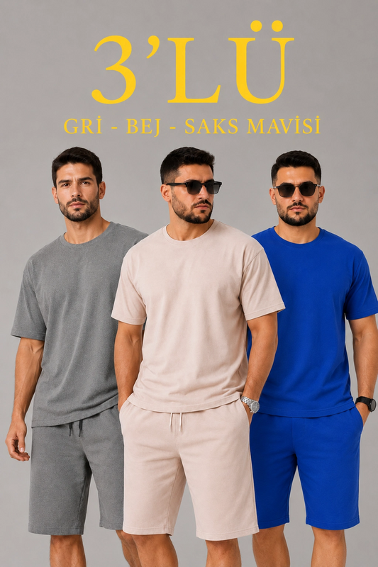 Erkek 2 li Oversize Tişört Şort Takım Seti Yazlık İki İplik Kumaş - Gri, Saks Mavisi, Bej