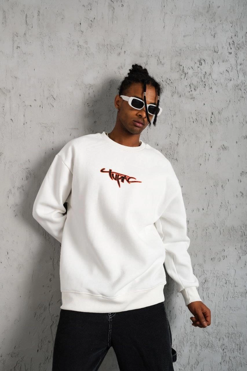 3 İplik Gangster Baskılı Sweatshirt - Beyaz -