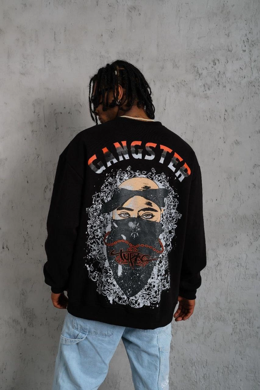 3 İplik Gangster Baskılı Sweatshirt - Siyah -