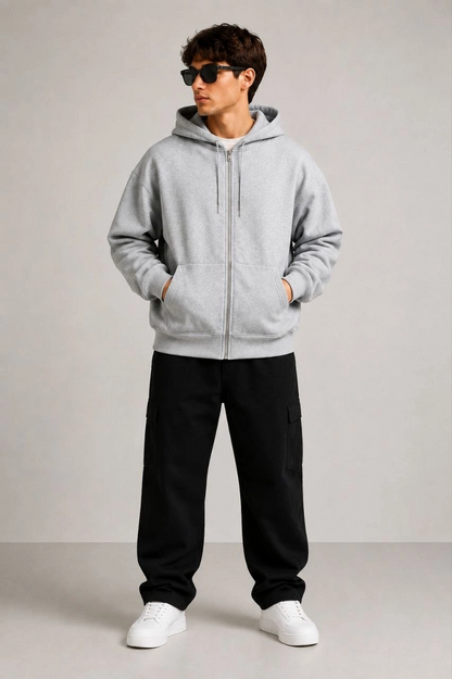 Erkek 3 İplik Şardonlu Tam Fermuarlı Kapüşonlu Arka Çanta Detaylı Sweatshirt - Gri