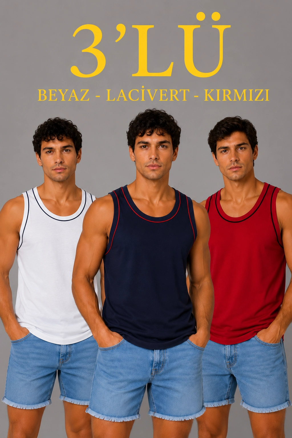 Erkek 3 lü Kolsuz Sporcu Atlet Seti Yazlık Bisiklet Yakalı - Lacivert, Kırmızı, Beyaz