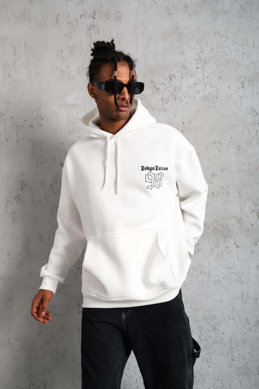 98 Baskılı Kapşonlu Sweat - Beyaz -
