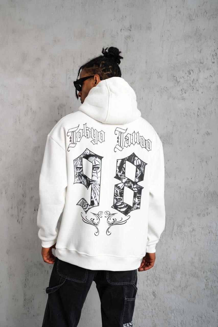 98 Baskılı Kapşonlu Sweat - Beyaz -