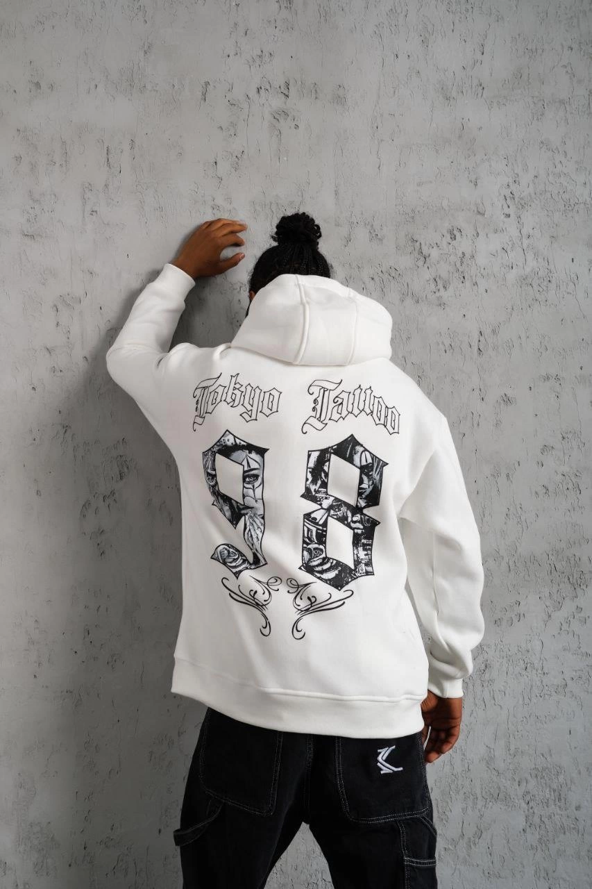 98 Baskılı Kapşonlu Sweat - Beyaz -
