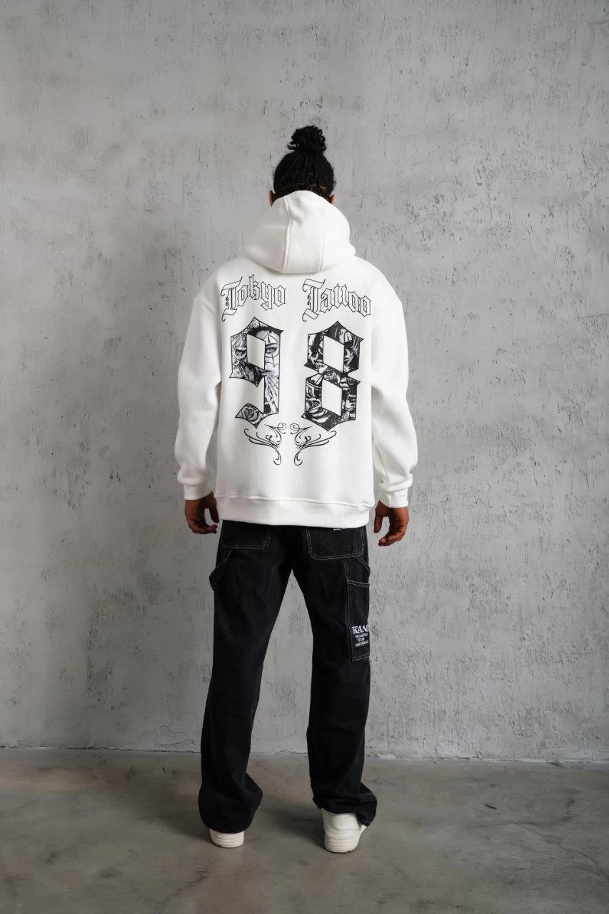 98 Baskılı Kapşonlu Sweat - Beyaz -