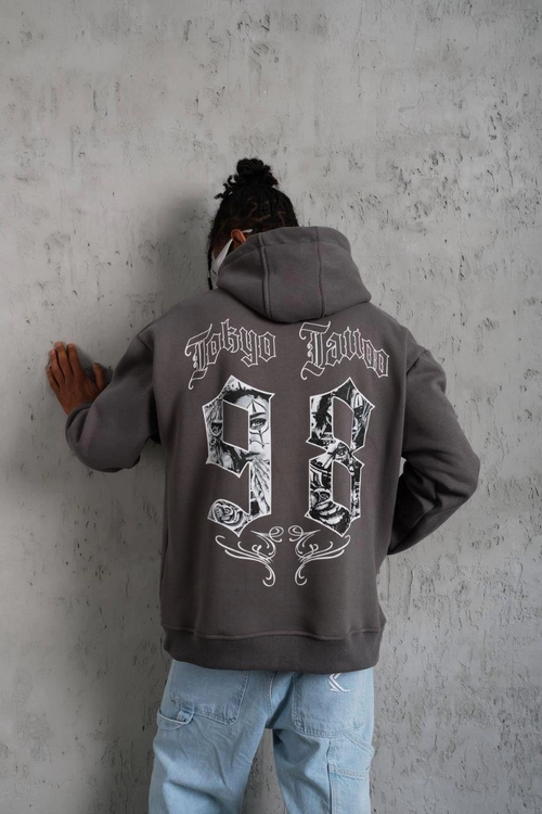 98 Baskılı Kapşonlu Sweat - Gri