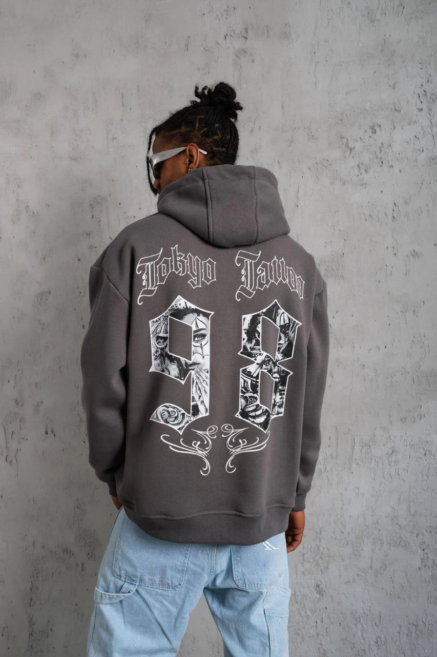 98 Baskılı Kapşonlu Sweat - Gri