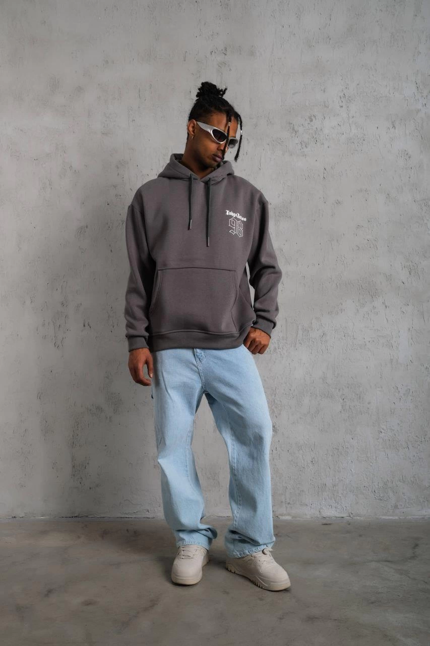 98 Baskılı Kapşonlu Sweat - Gri