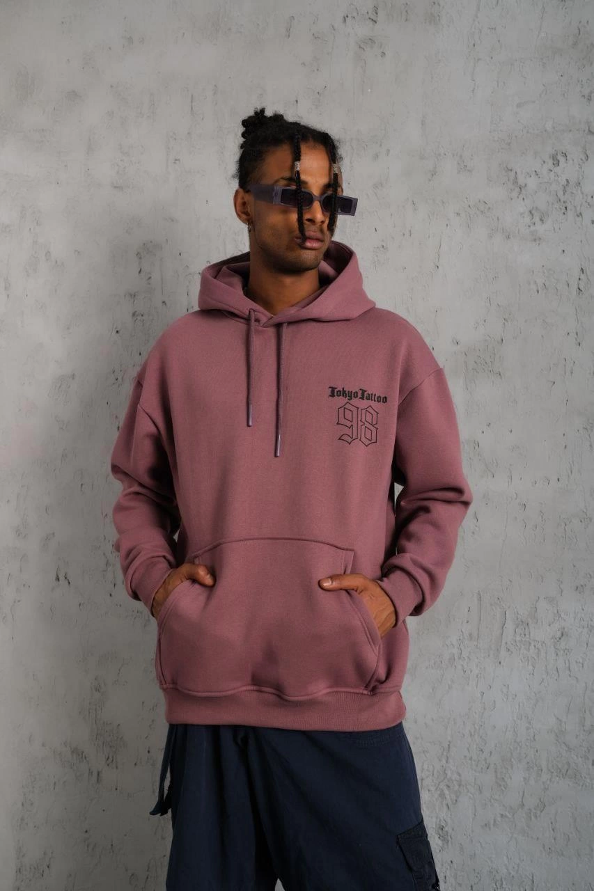 98 Baskılı Kapşonlu Sweat - Gül Kurusu