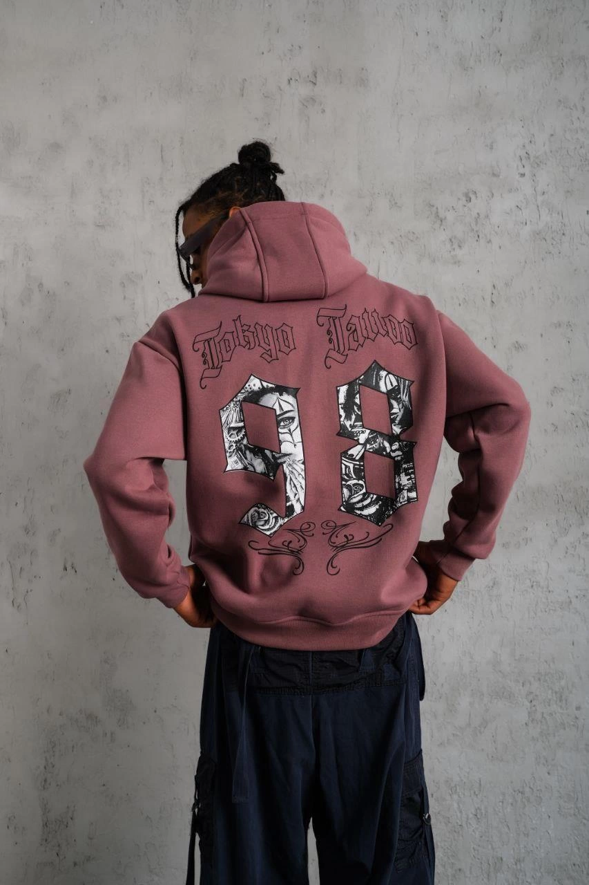 98 Baskılı Kapşonlu Sweat - Gül Kurusu