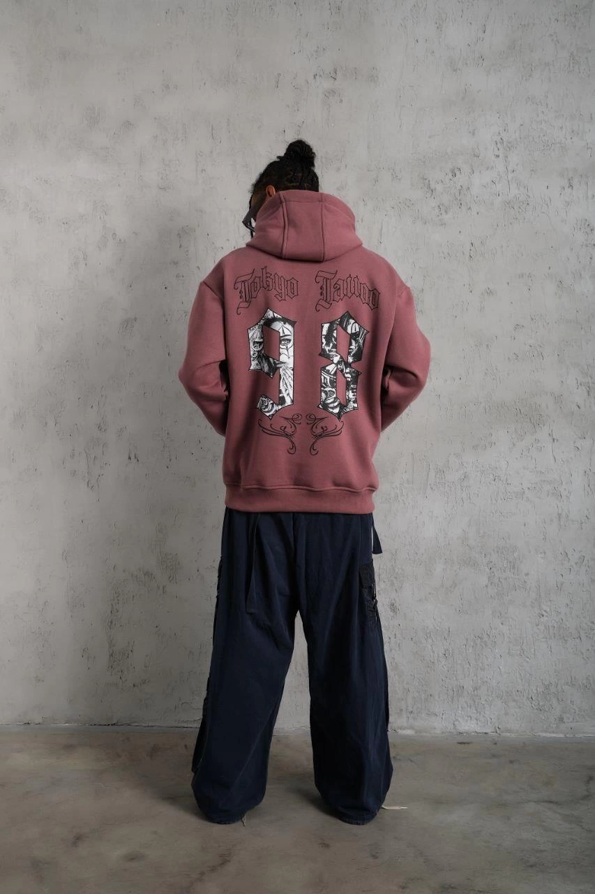 98 Baskılı Kapşonlu Sweat - Gül Kurusu