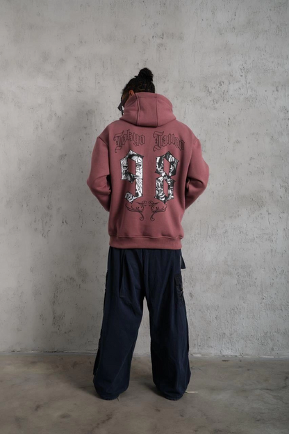 98 Baskılı Kapşonlu Sweat - Gül Kurusu