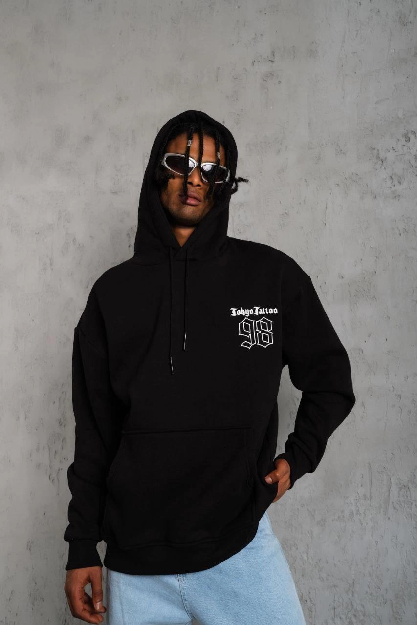 98 Baskılı Kapşonlu Sweat - Siyah -