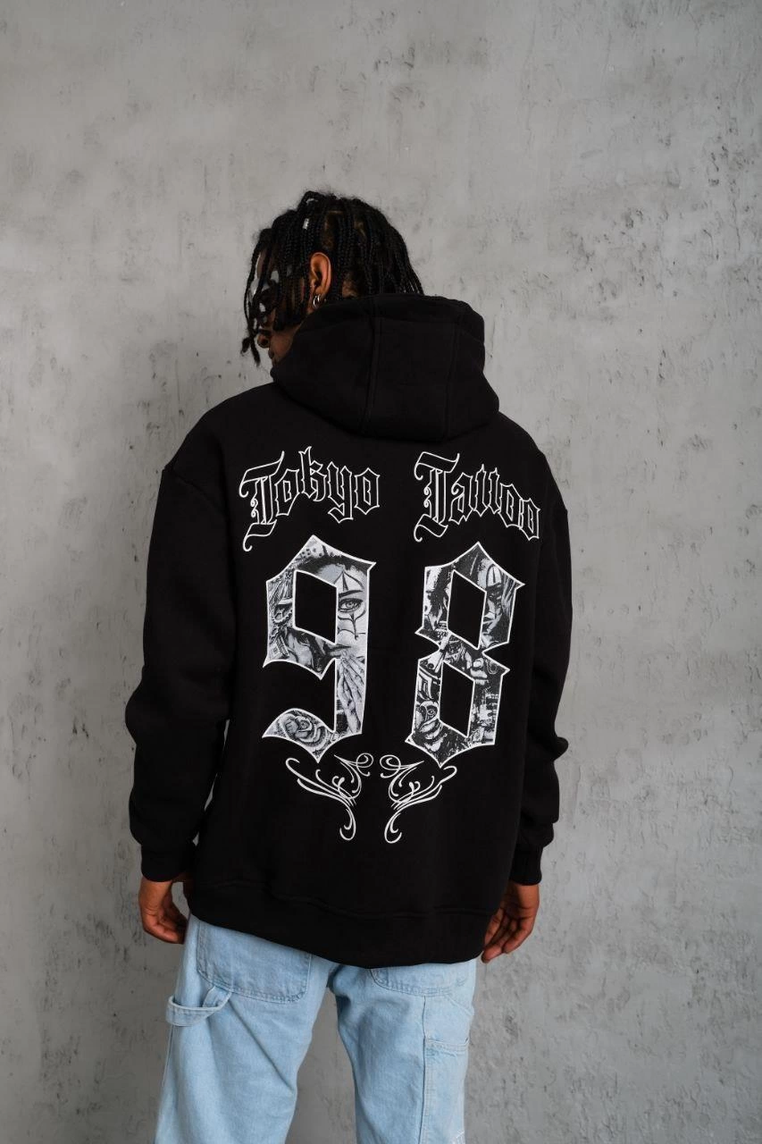 98 Baskılı Kapşonlu Sweat - Siyah -