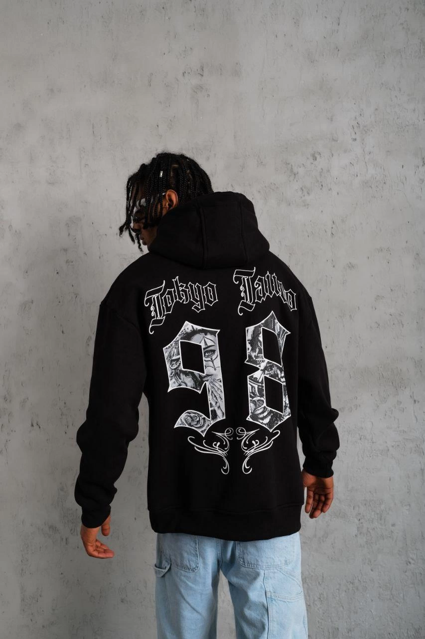 98 Baskılı Kapşonlu Sweat - Siyah -