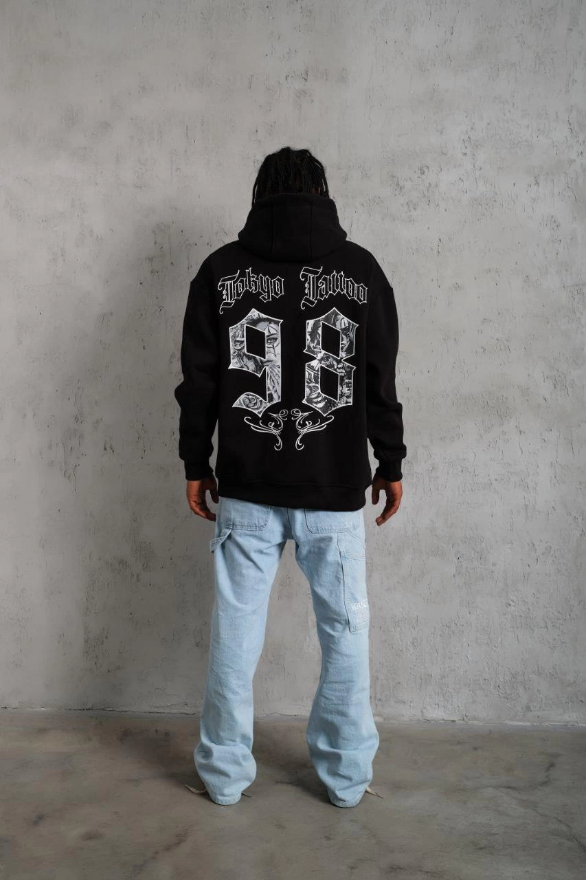 98 Baskılı Kapşonlu Sweat - Siyah -