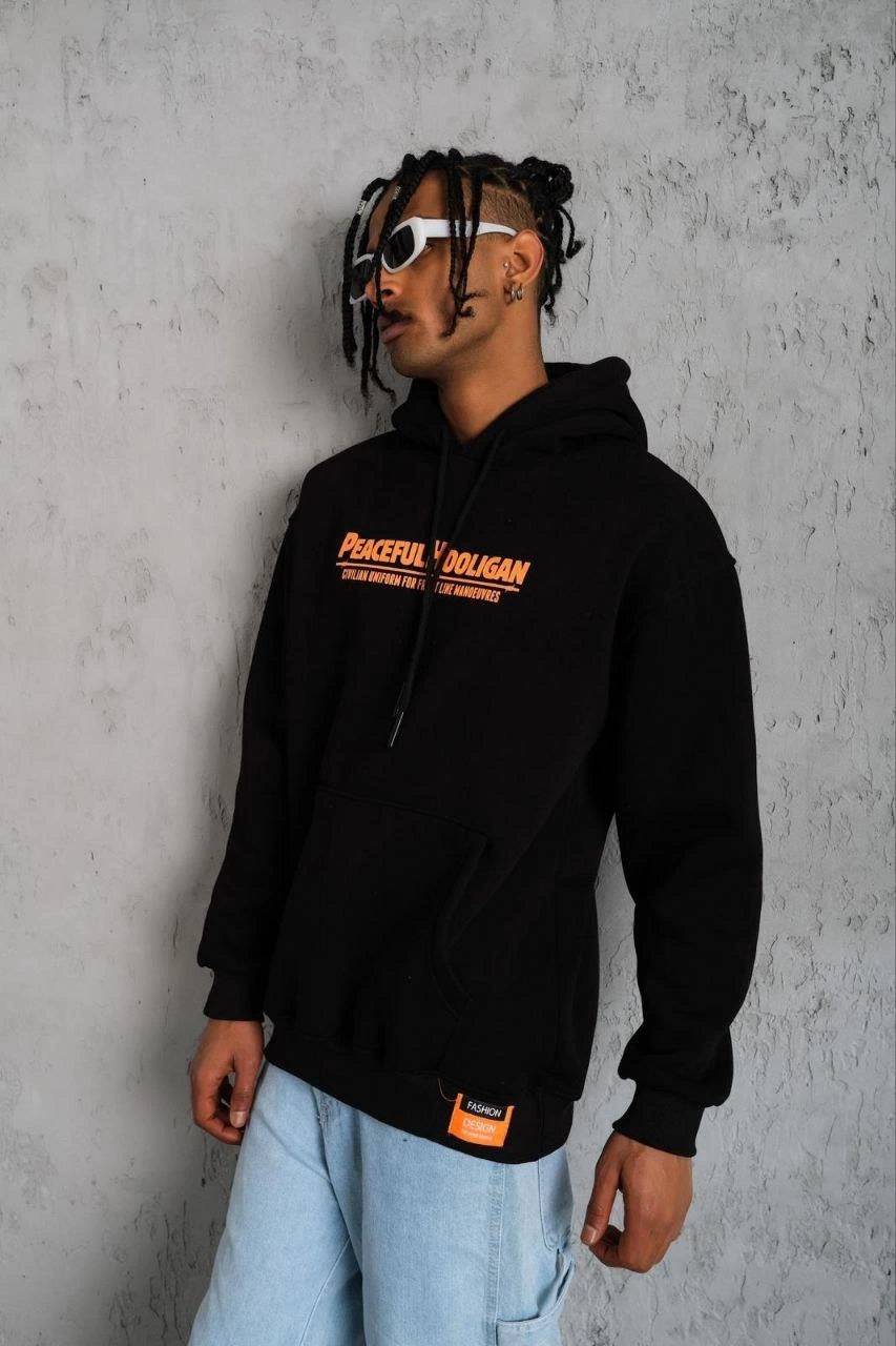 Armalı Baskılı Kapüşonlu Sweatshirt - Siyah