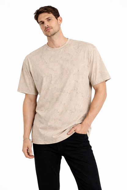 Erkek Asit Yıkama Bisiklet Yaka Kısa Kollu Oversize T-Shirt Tişört - Bej