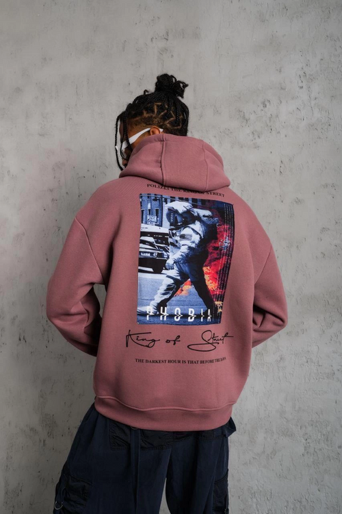 Astronot Baskılı Kapüşonlu Sweat - Gül Kurusu
