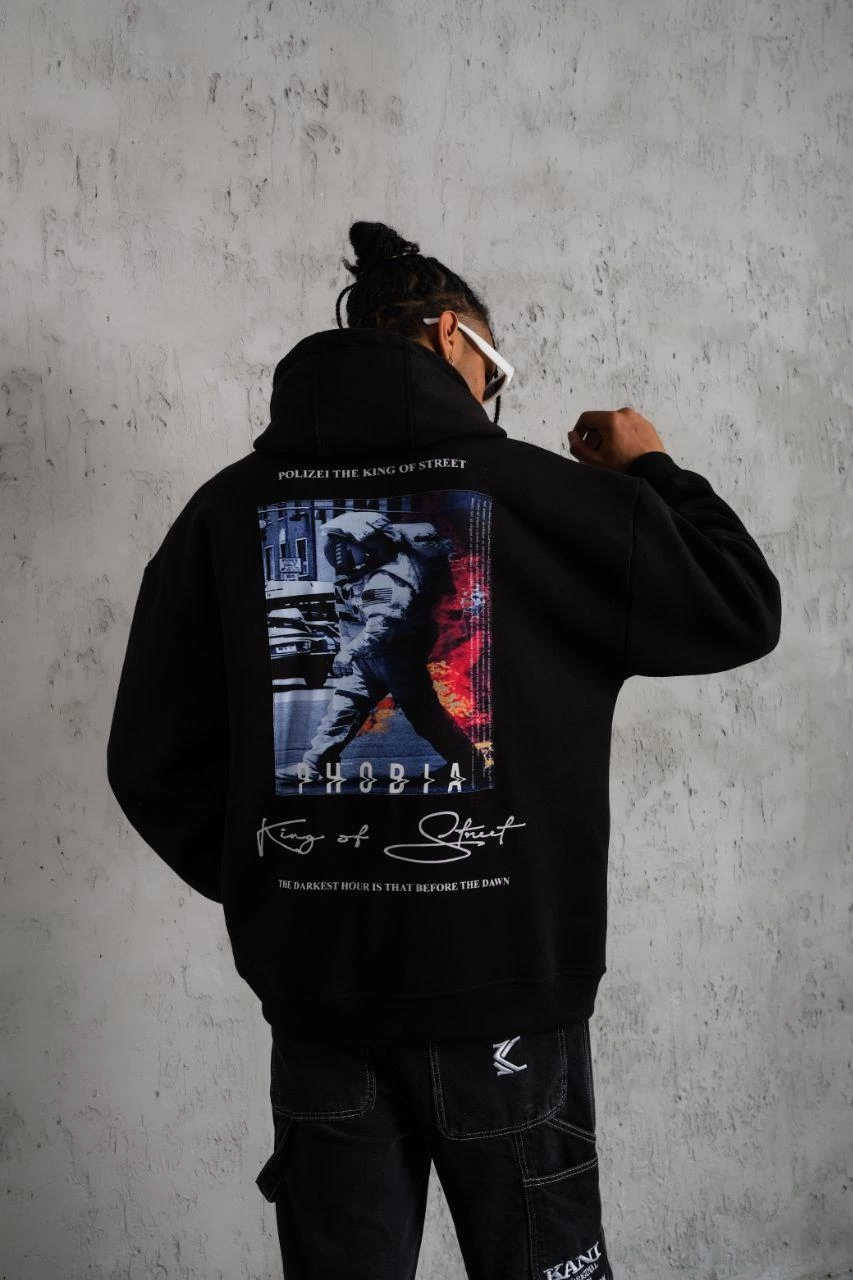 Astronot Baskılı Kapüşonlu Sweat - Siyah -