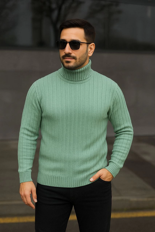 Balıkcı Yaka Bağazlı Triko Kazak Pamuklu Kalın Fitilli Dokuma, Regular Fit Uzun Kollu Kışlık Model - Mint Yeşili