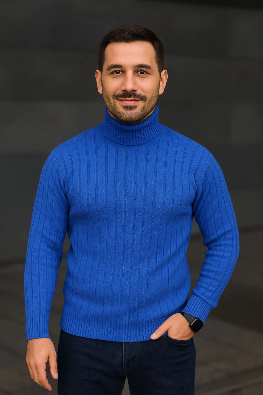 Balıkcı Yaka Bağazlı Triko Kazak Pamuklu Kalın Fitilli Dokuma, Regular Fit Uzun Kollu Kışlık Model - Saks Mavisi