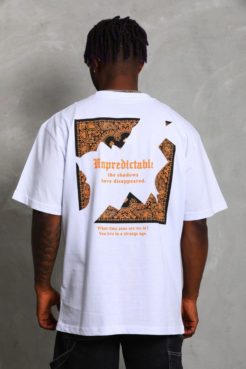 Oversize Baskılı Bisiklet Yaka T-Shirt - Beyaz -
