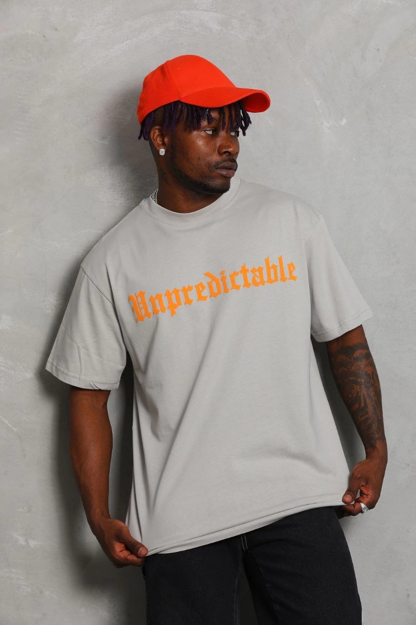 Oversize Baskılı Bisiklet Yaka T-Shirt - Gri -