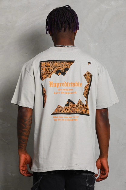 Oversize Baskılı Bisiklet Yaka T-Shirt - Gri -