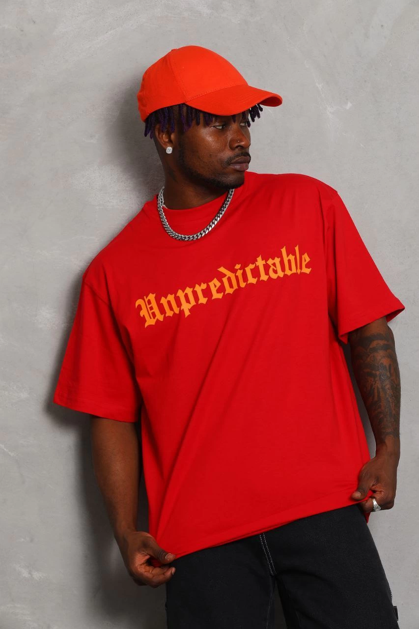 Oversize Baskılı Bisiklet Yaka T-Shirt - Kırmızı -