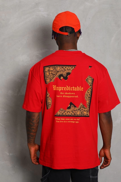 Oversize Baskılı Bisiklet Yaka T-Shirt - Kırmızı -