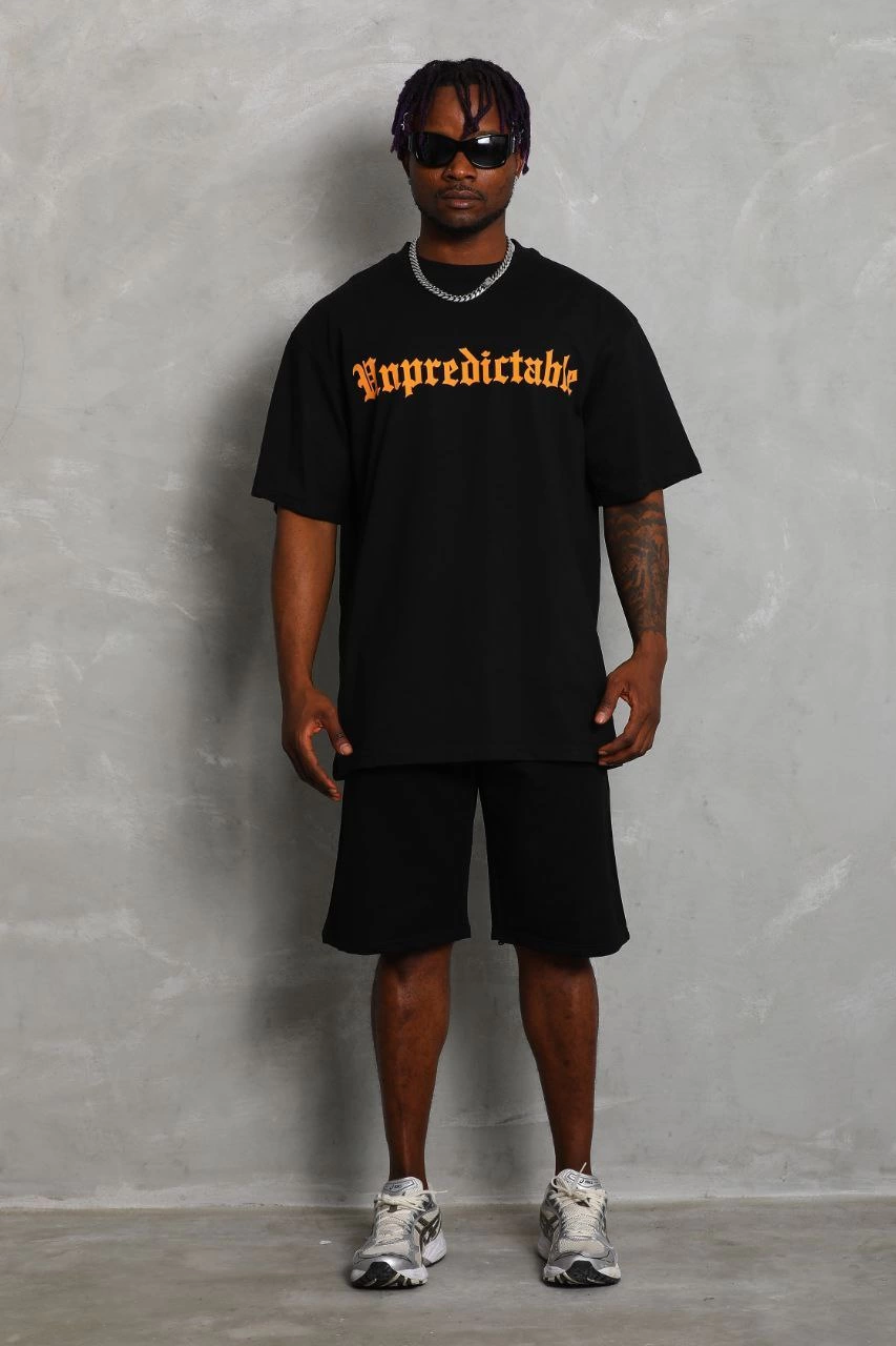 Oversize Baskılı Bisiklet Yaka T-Shirt - Siyah -