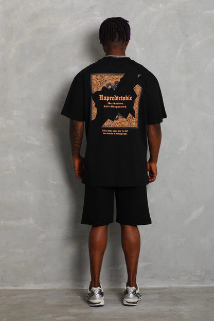 Oversize Baskılı Bisiklet Yaka T-Shirt - Siyah -
