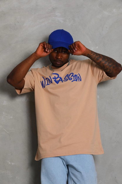 Oversize Baskılı Bisiklet Yaka T-Shirt - Bej -