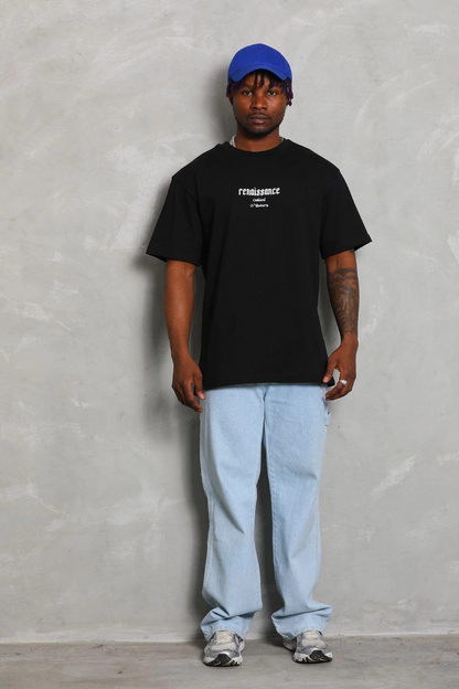 Oversize Baskılı Bisiklet Yaka T-Shirt - Siyah -