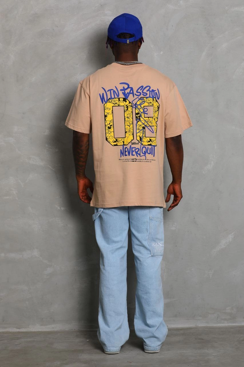 Oversize Baskılı Bisiklet Yaka T-Shirt - Bej -