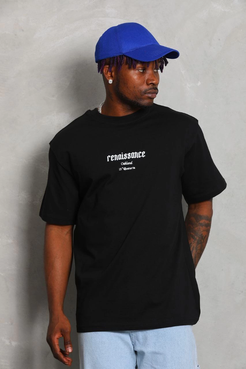 Oversize Baskılı Bisiklet Yaka T-Shirt - Siyah -