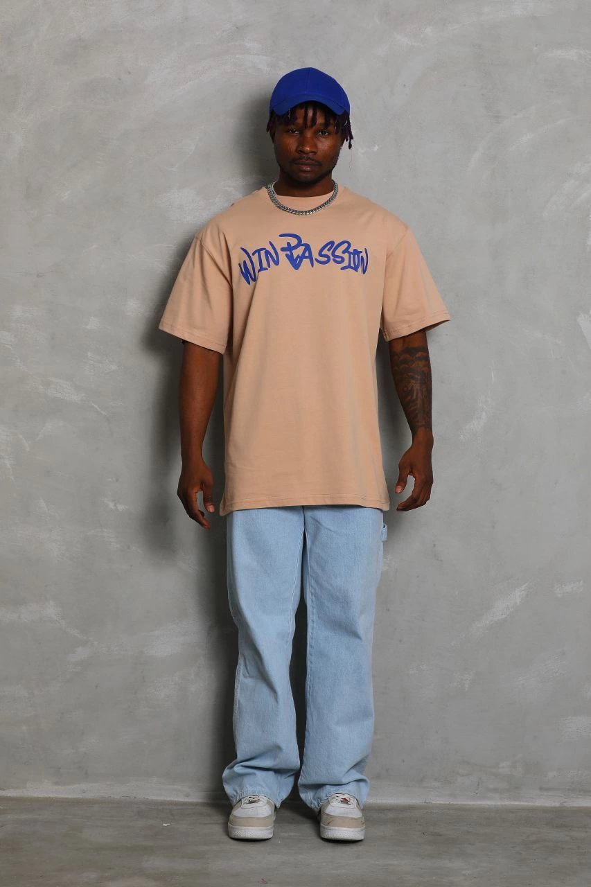 Oversize Baskılı Bisiklet Yaka T-Shirt - Bej -