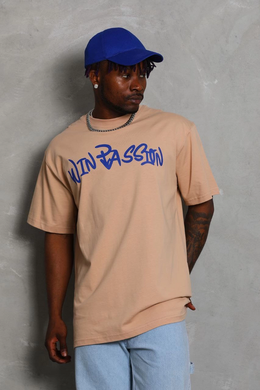 Oversize Baskılı Bisiklet Yaka T-Shirt - Bej -