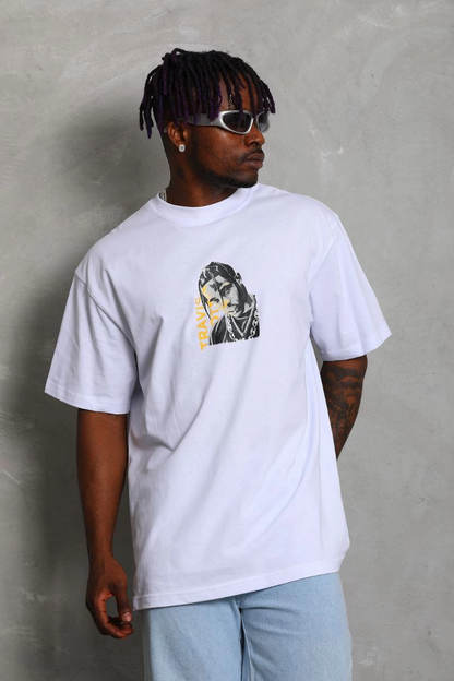 Oversize Baskılı Bisiklet Yaka T-Shirt - Beyaz -