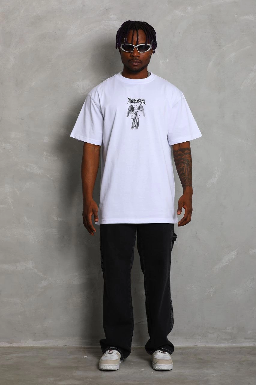 Oversize Baskılı Bisiklet Yaka T-Shirt - Beyaz -