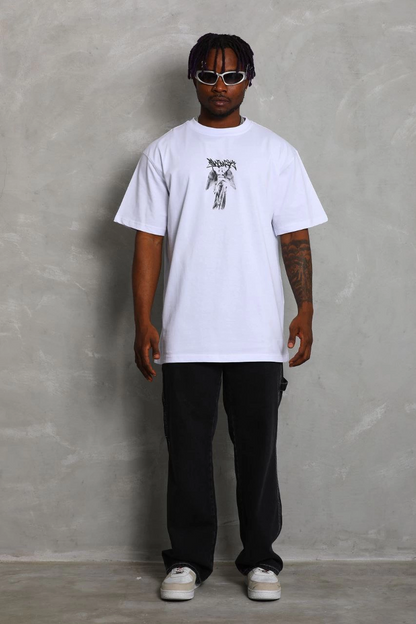 Oversize Baskılı Bisiklet Yaka T-Shirt - Beyaz -